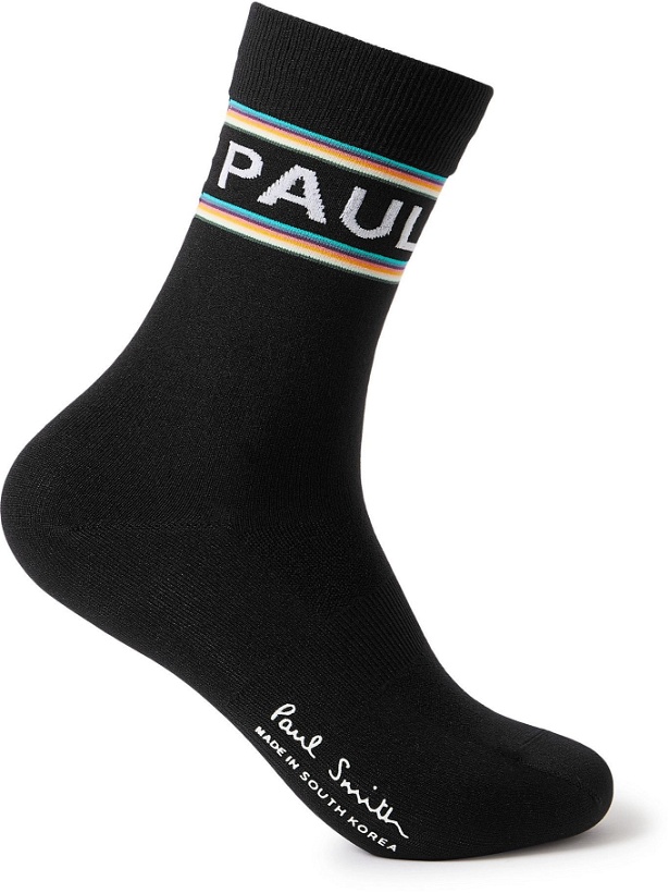 Photo: Paul Smith - Striped Logo-Intarsia Stretch-Knit Cycling Socks - Black