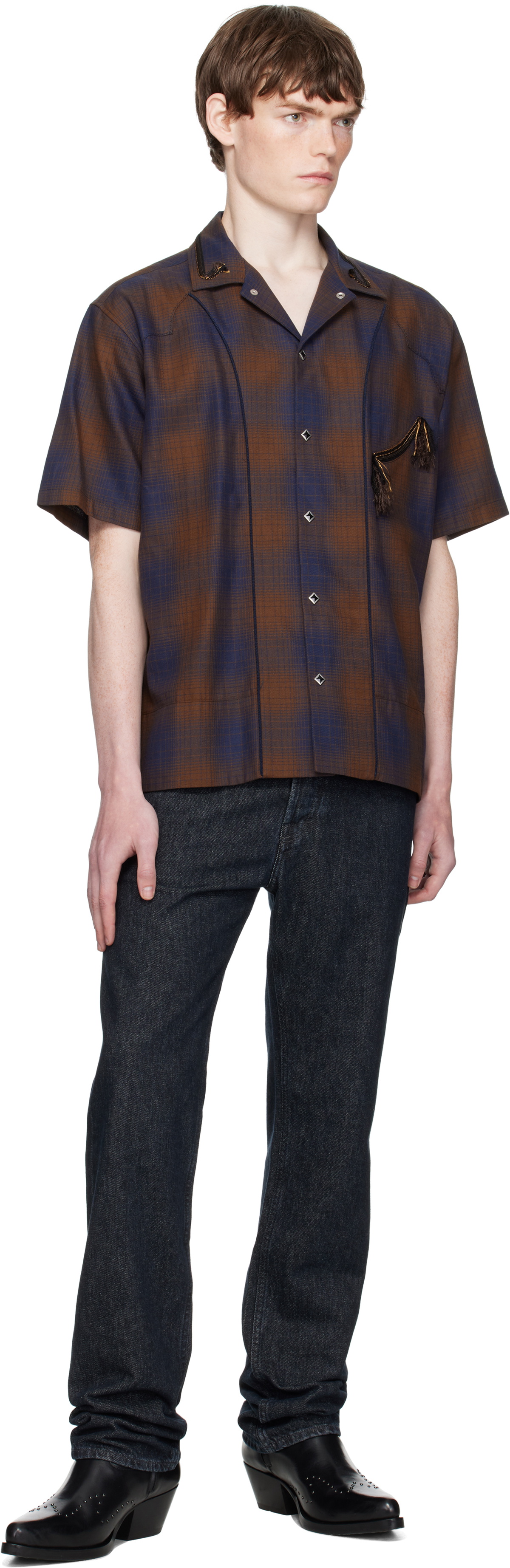 Toga Virilis Brown & Blue Ombre Check Short Sleeve Shirt