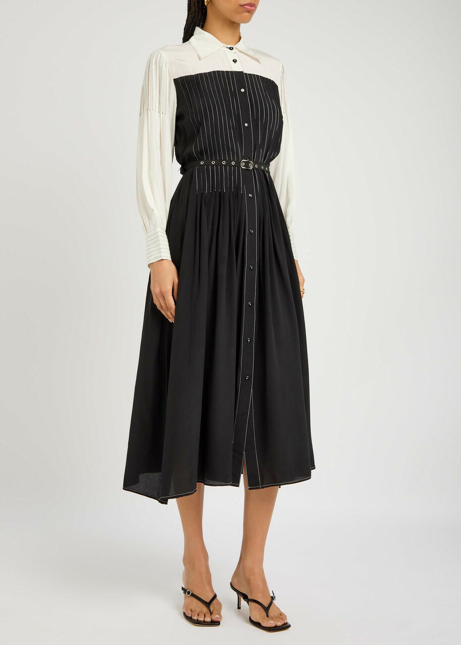 Lovebirds Zen Pleated Silk Midi Dress Black And White