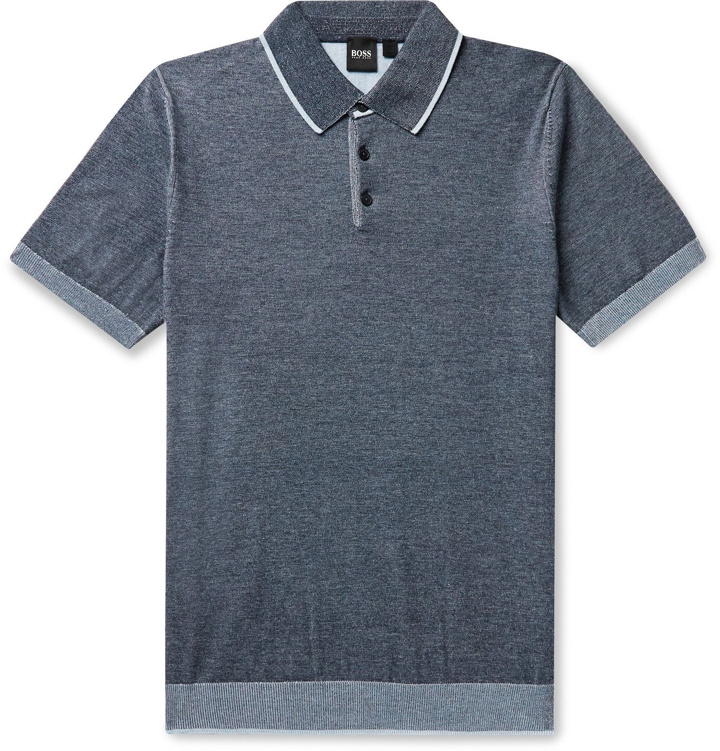 Photo: Hugo Boss - Slim-Fit Contrast-Tipped Knitted Cotton Polo Shirt - Blue