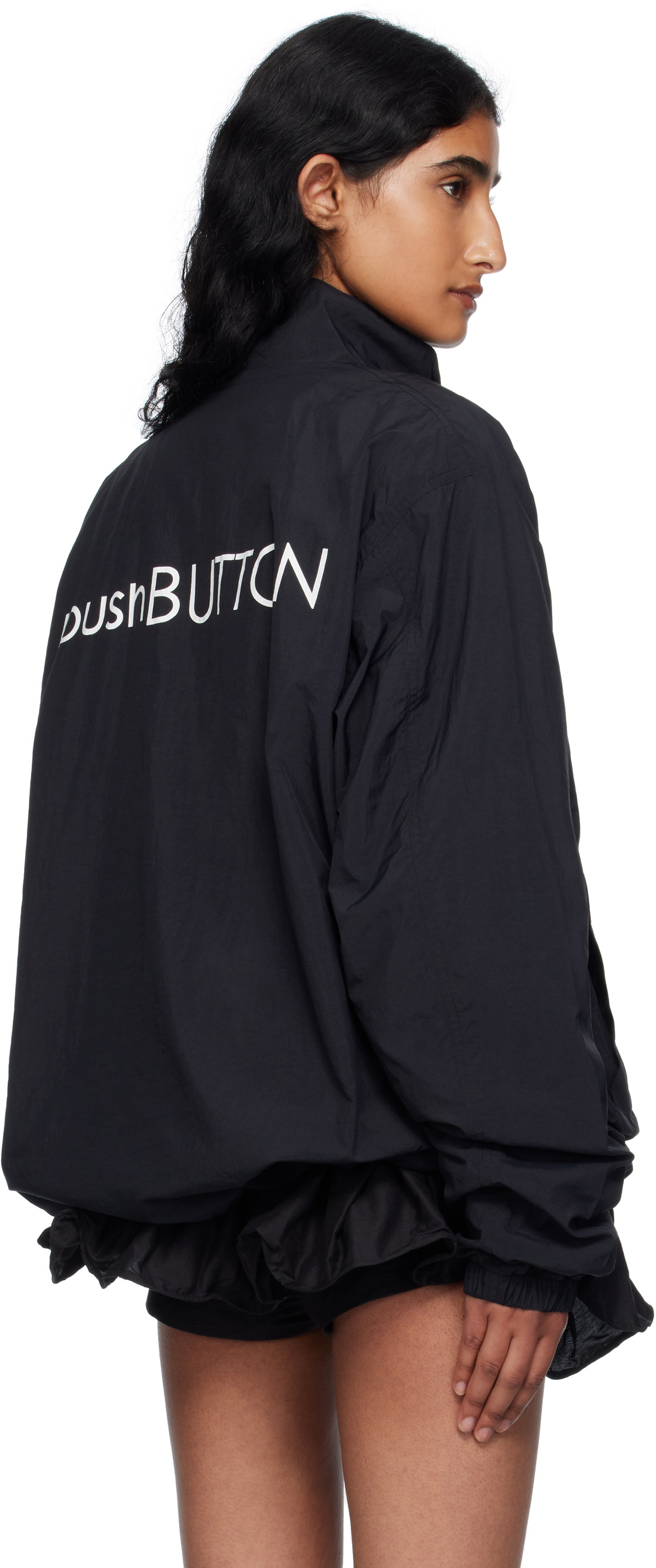 Pushbutton Black Logo Printed Windbreaker Jacket