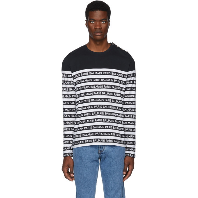 Photo: Balmain Black and White Logo Stripe Long Sleeve T-Shirt