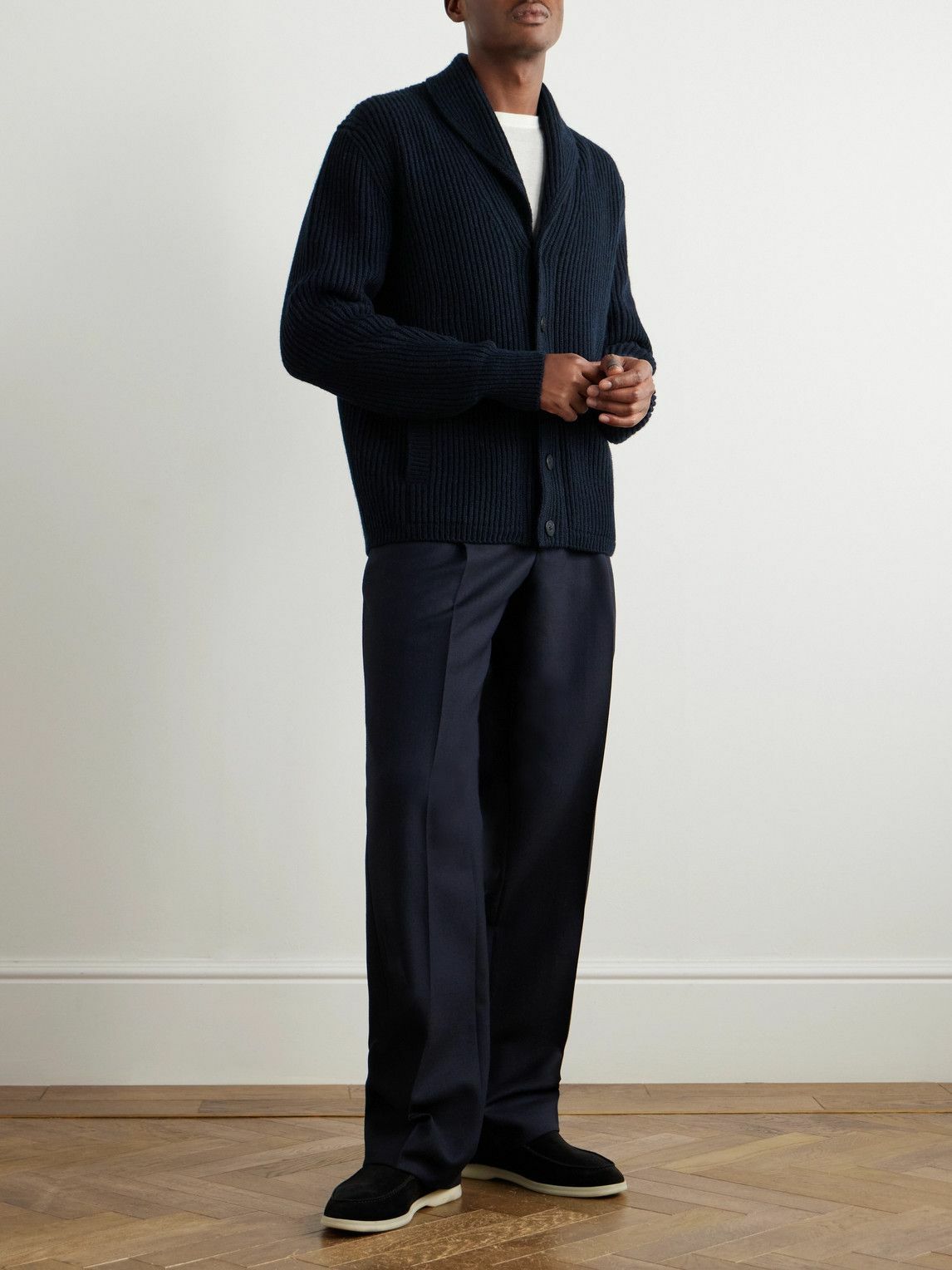 Loro Piana - Shawl-Collar Ribbed Wool Cardigan - Blue Loro Piana