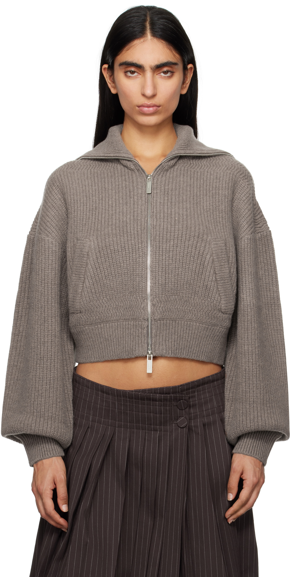 REMAIN Birger Christensen Taupe Knitted Cropper Bomber Sweater
