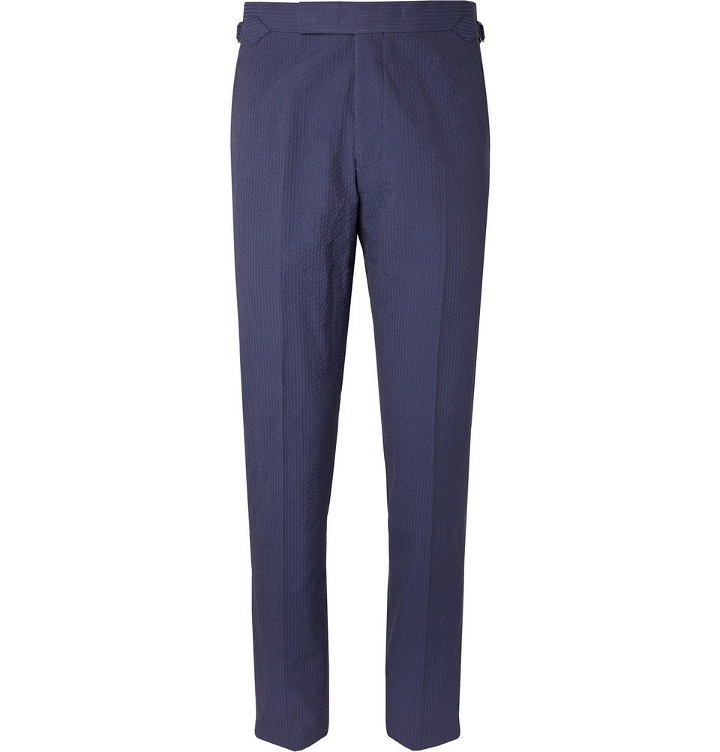 Photo: Richard James - Navy Hyde Slim-Fit Cotton-Seersucker Suit Trousers - Blue