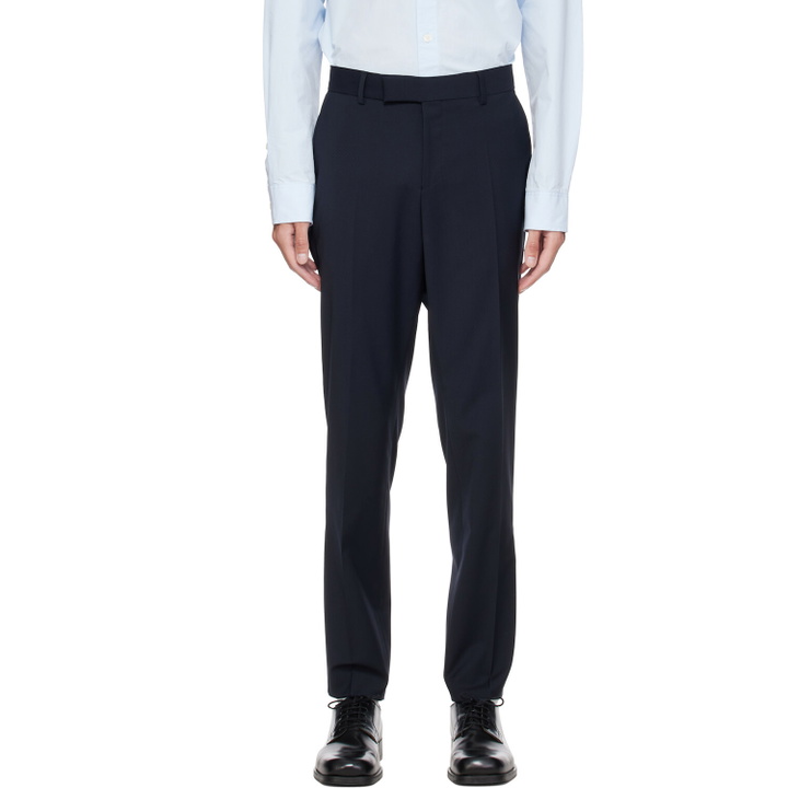Photo: BOSS Navy Slim-Fit Micro-Patterned Stretch Wool Trousers