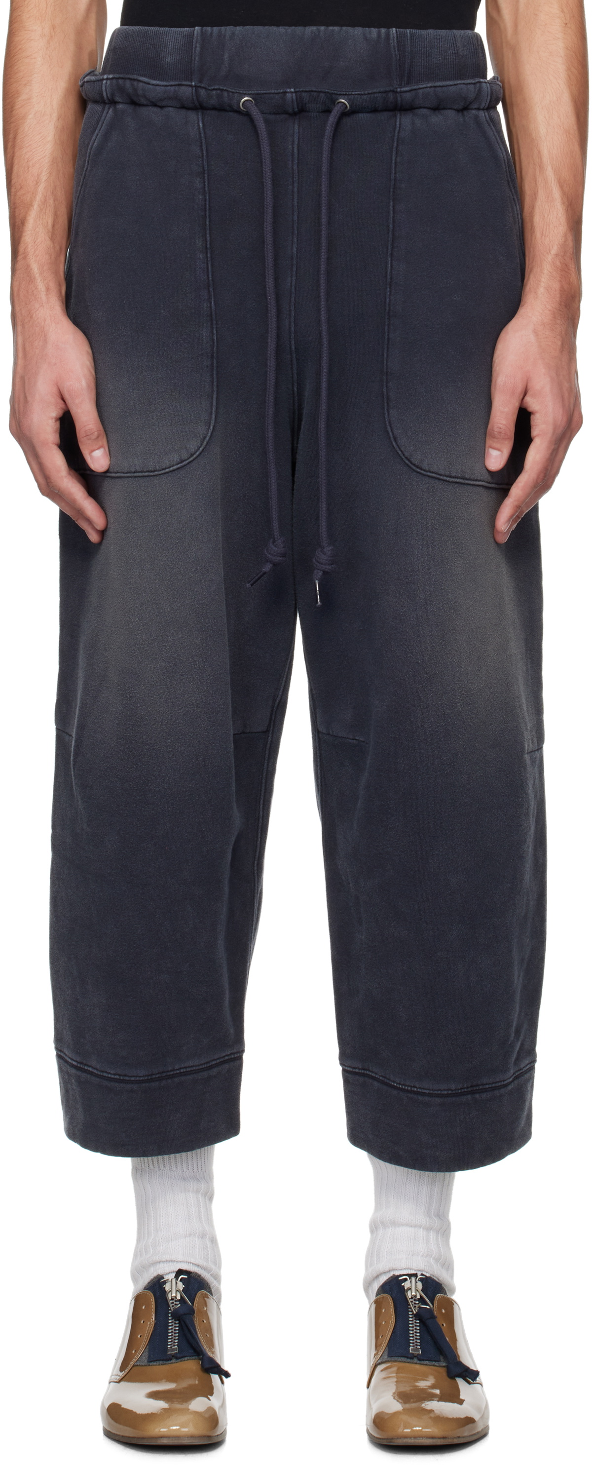 R13 Navy Deconstructed Cropped Sweatpants