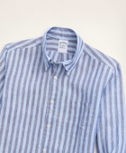 Brooks Brothers Men's Regent Regular-Fit Sport Shirt, Irish Linen Wide Stripe | Blue/Navy