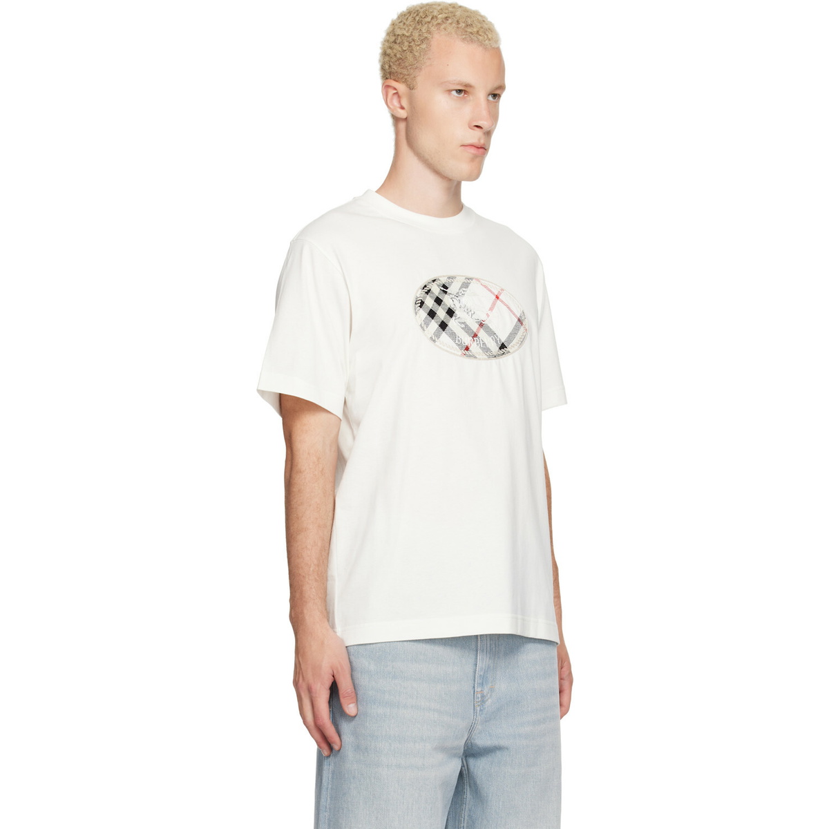 Burberry White Check Knight Stamp Cotton T-shirt