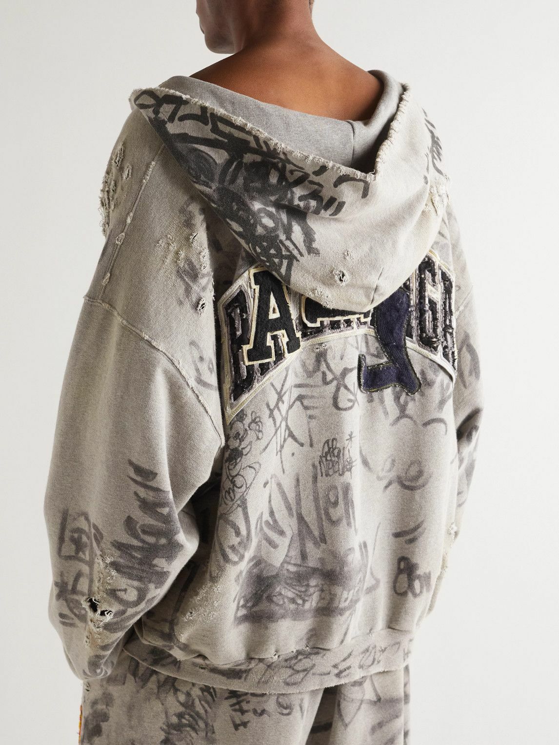 BALENCIAGA コットン ジップアップ フーディー カジュアル ロゴ Balenciaga - Logo-Appliquéd Distressed Printed Cotton-Jersey