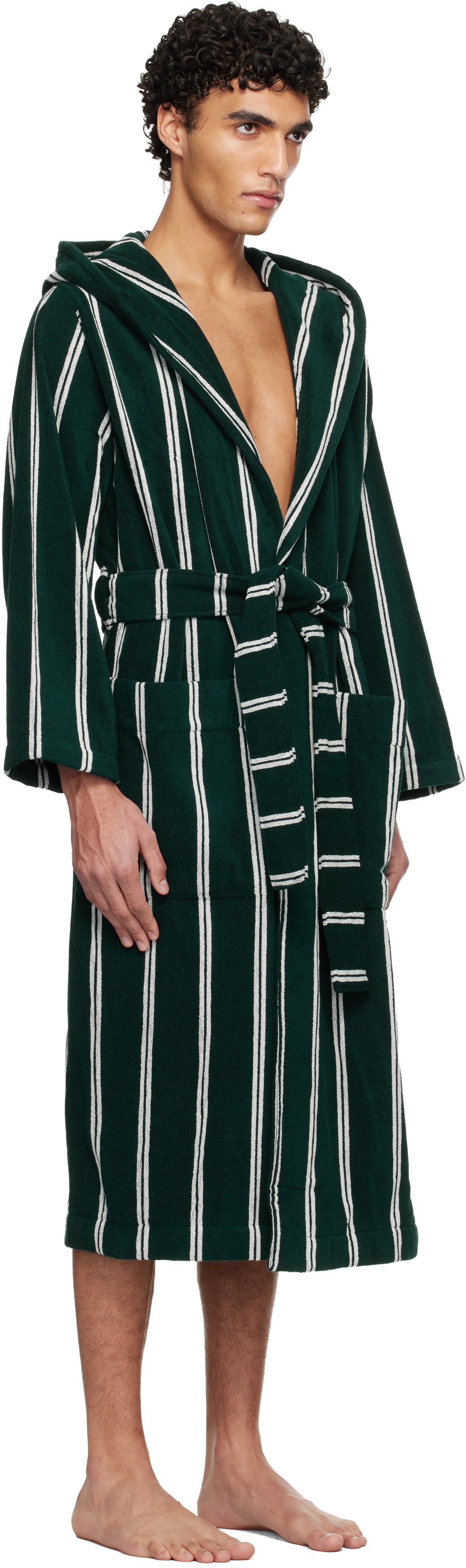 Tekla Green & White Terry Hooded Bathrobe