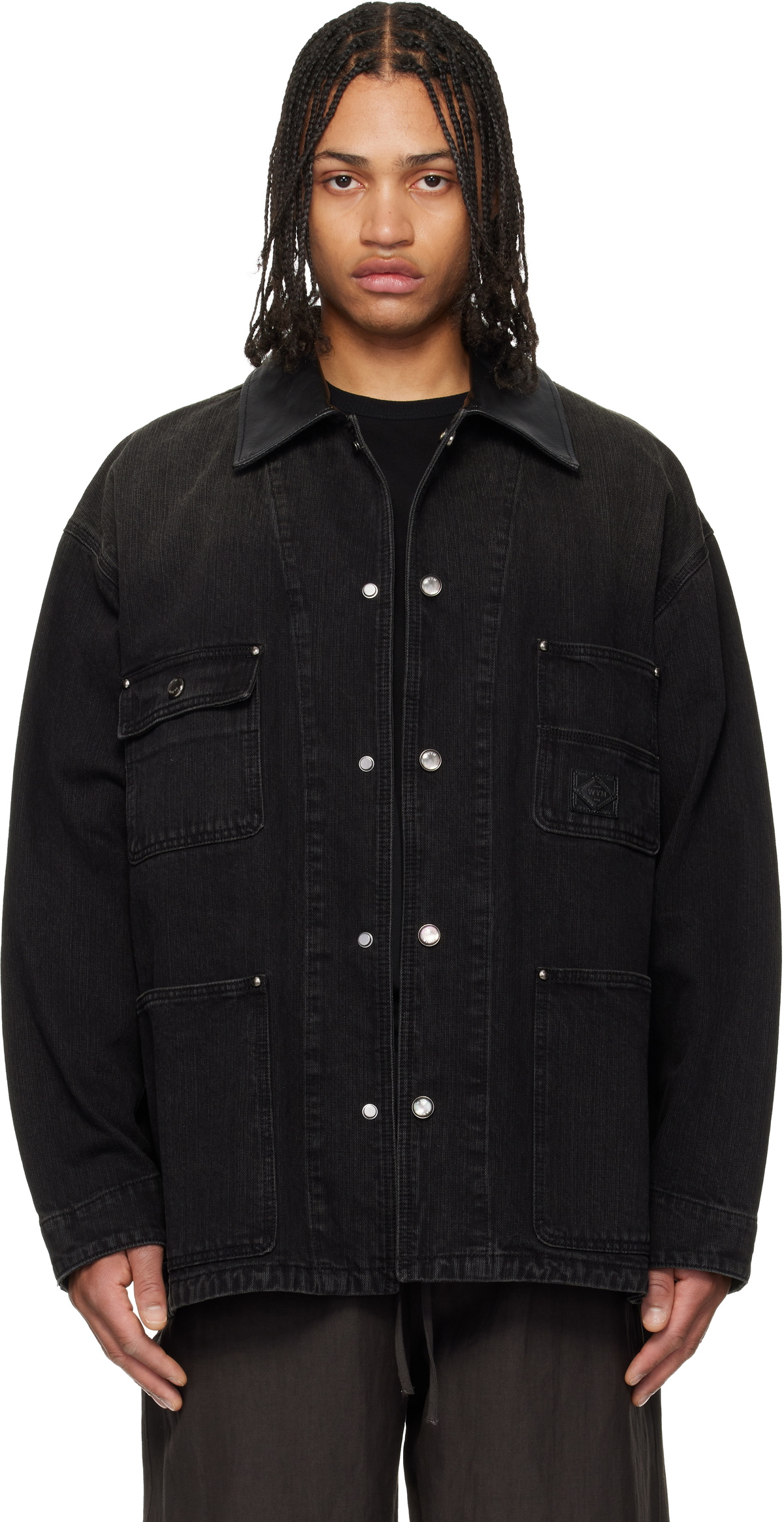WOOYOUNGMI Black Leather Collar Tin-washed Denim Coat