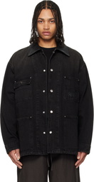 WOOYOUNGMI Black Leather Collar Tin-washed Denim Coat