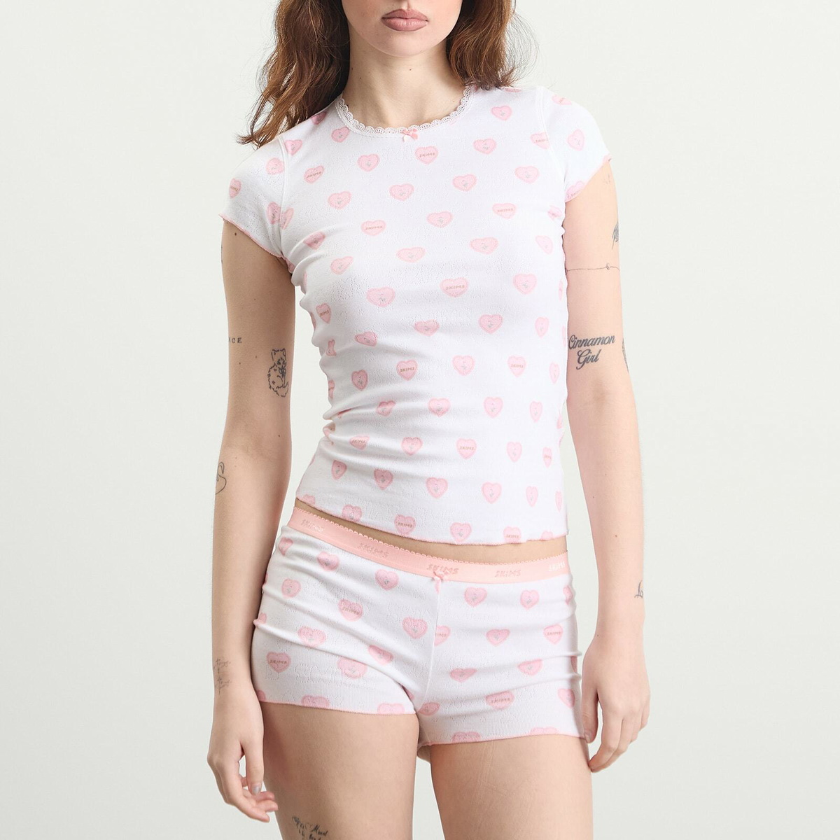 SKIMS Women's Pointelle Baby T-Shirt & Short Set in Snow Lace Hearts