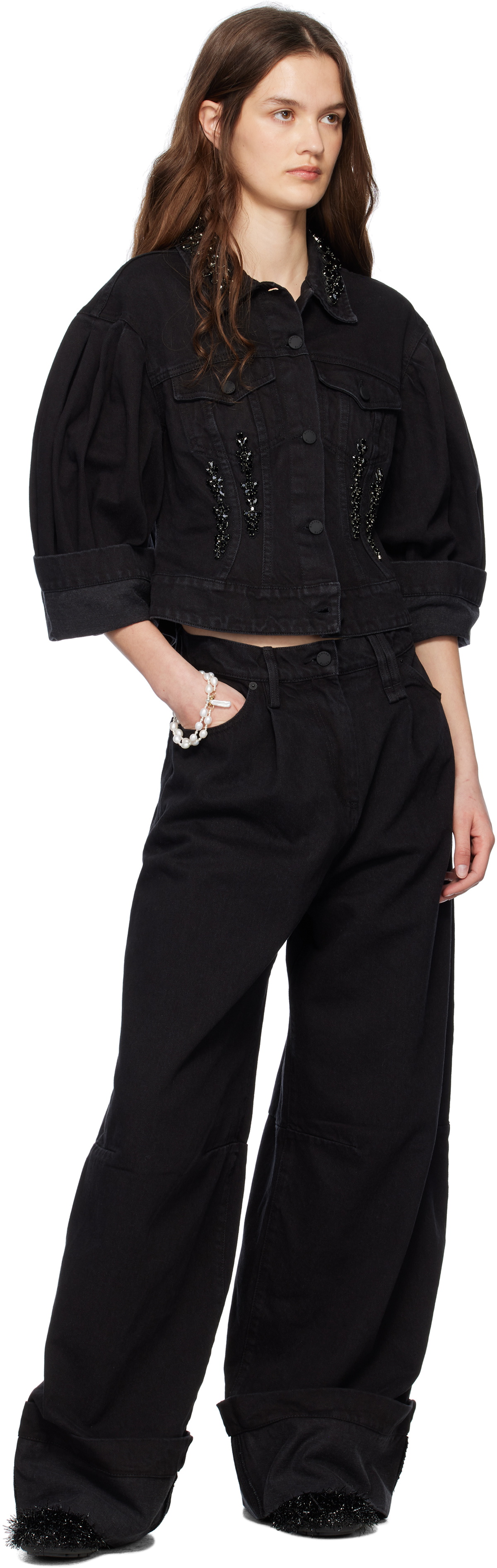 【SIMONE ROCHA】Turbo Embellished Sculpted デニムジャケット Black Turbo Embellished Sculpted Denim Jacket by Simone