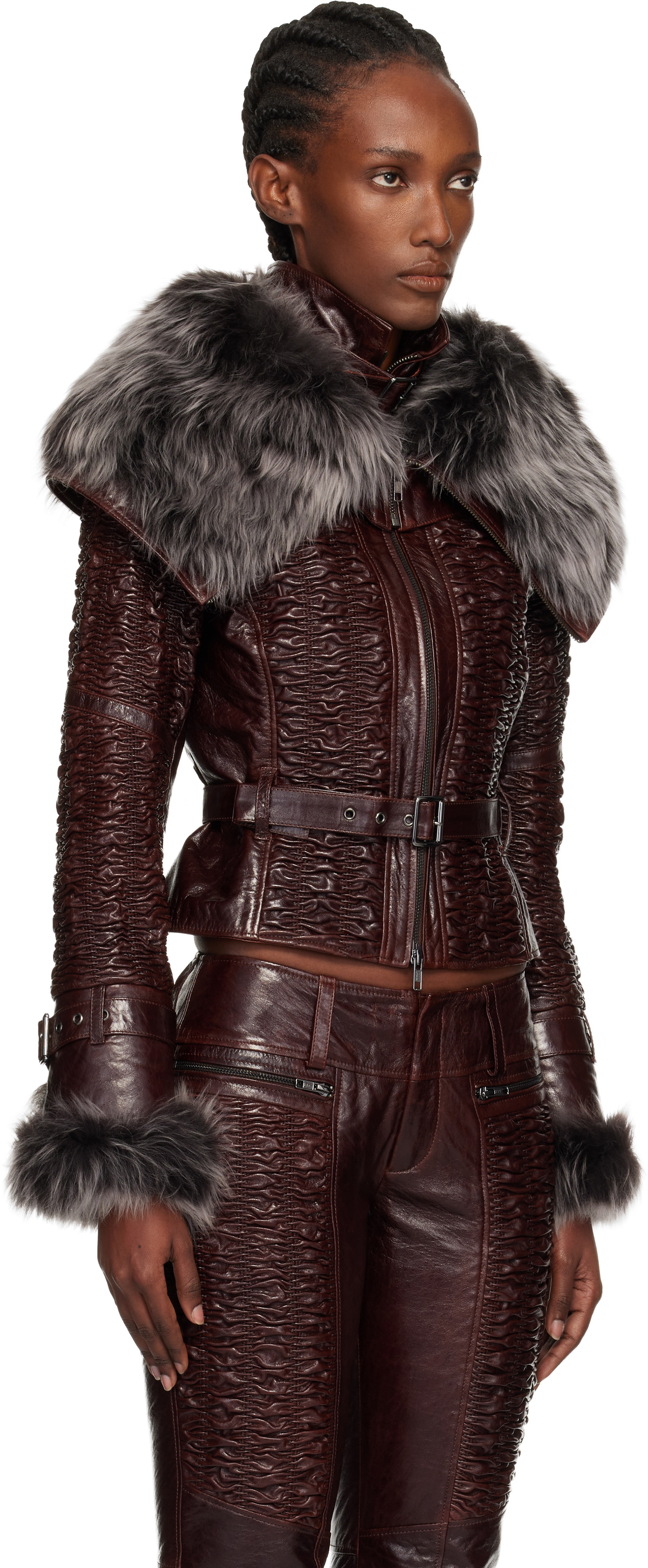 KNWLS Brown Smocked Leather Jacket