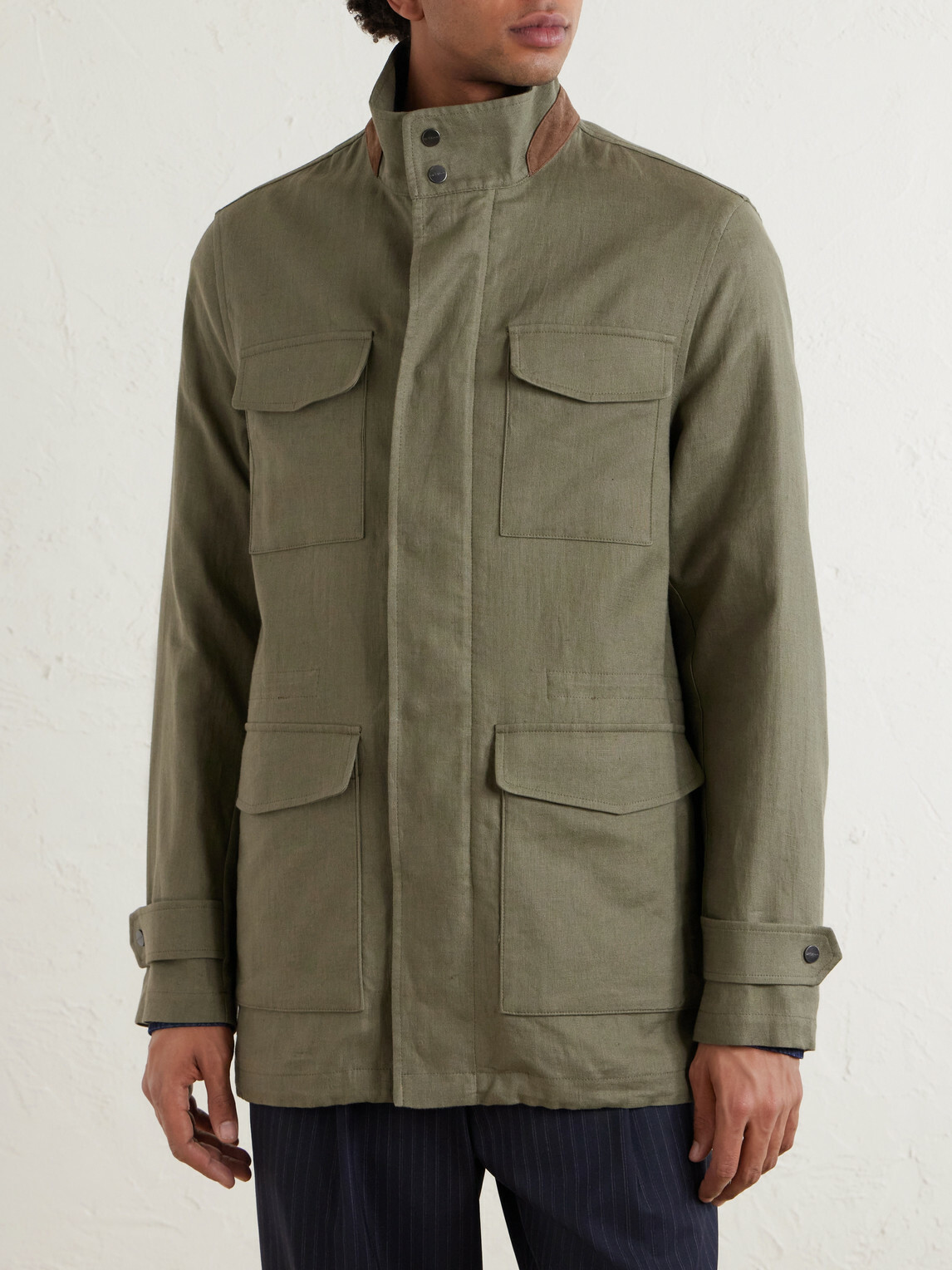 Kiton - Suede-Trimmed Linen Field Jacket - Green