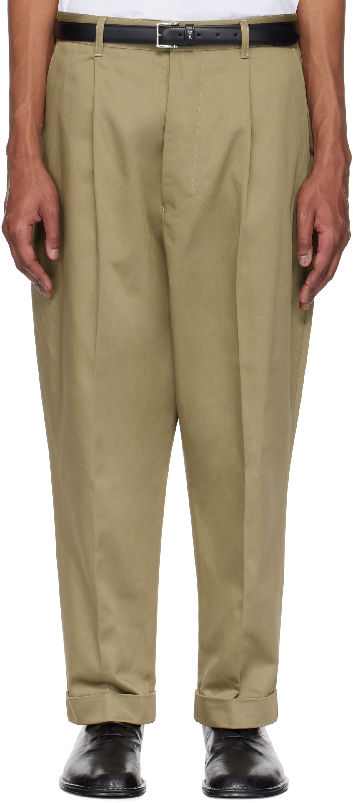 AMI Paris Khaki Cotton Carrot Oversized Trousers