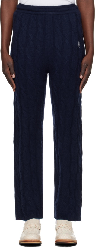 Photo: Sporty & Rich Navy 'SRC' Cableknit Cashmere Trousers