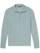 LORO PIANA - Suede-Trimmed Cable-Knit Baby Cashmere Half-Zip Sweater - Blue