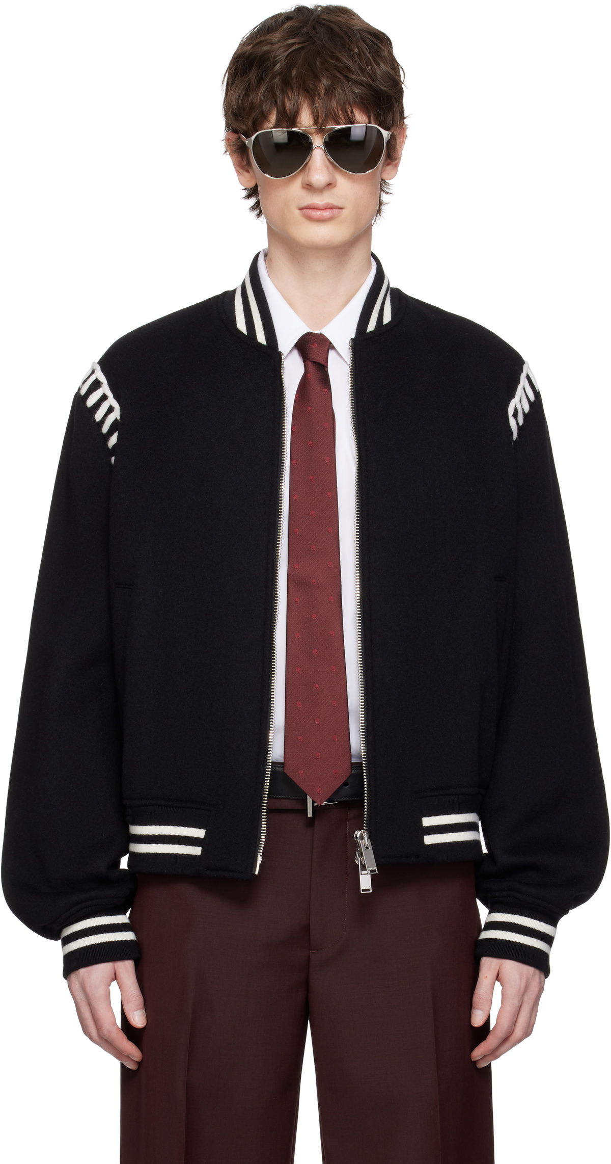 McQueen Black Felt Blanket Stitch Bomber Jacket