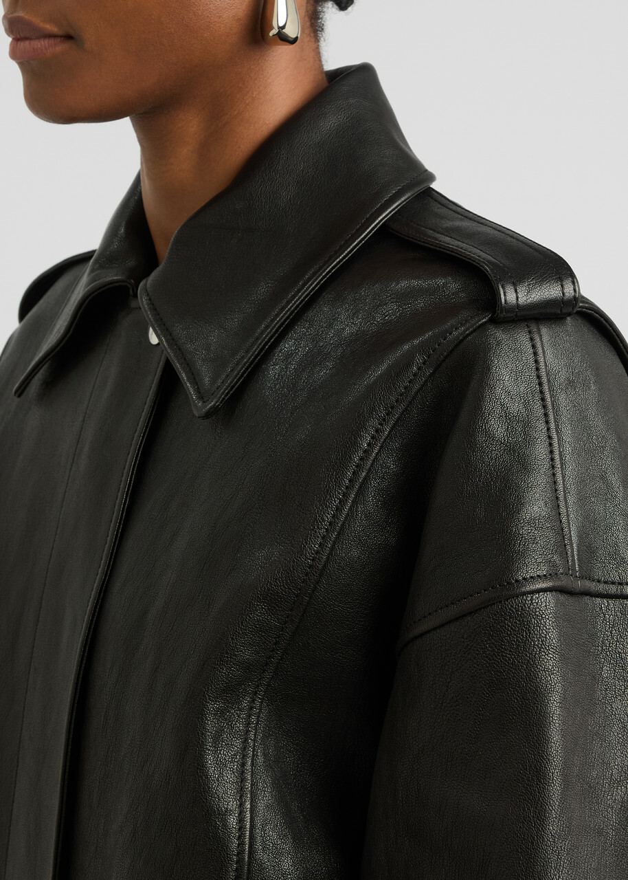 Alexander Mcqueen Padded Grained Leather Aviator Jacket Black