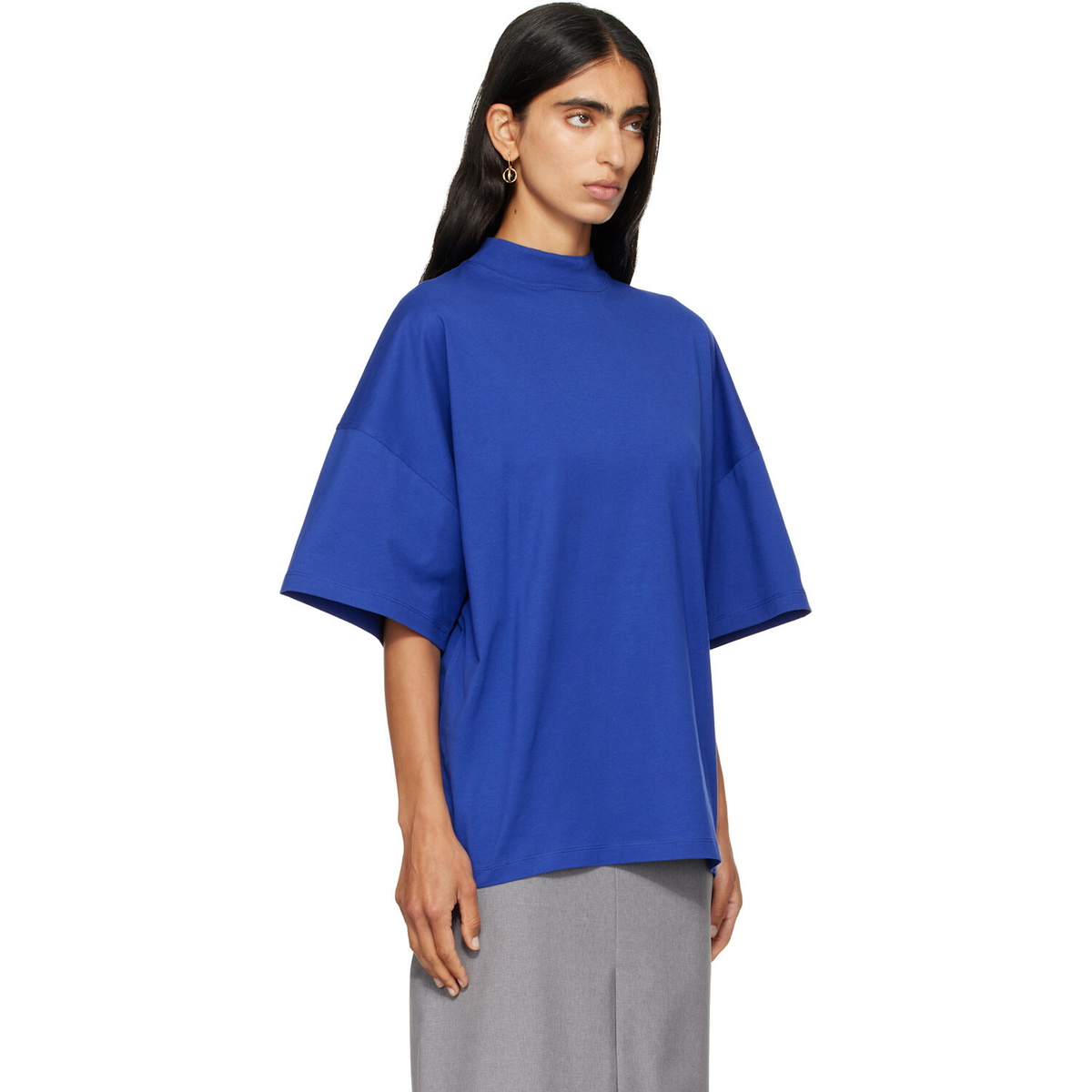 Jil Sander Blue Cotton Mock-Neck T-shirt