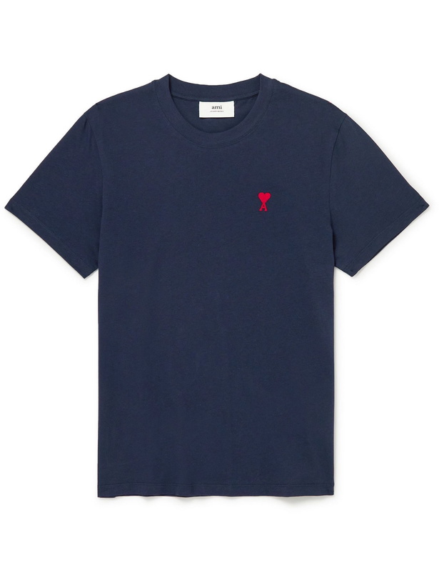 Photo: AMI PARIS - Logo-Embroidered Mélange Cotton-Jersey T-Shirt - Blue