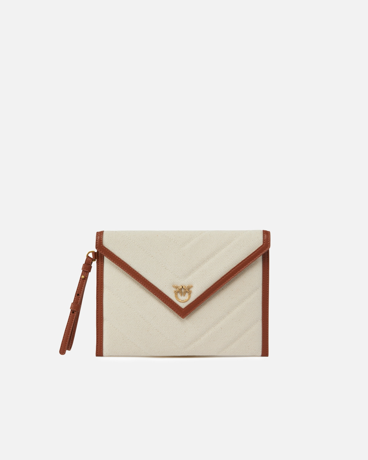 Pinko Flat Canvas Clutch Bag With Leather Trim Beige/Brown Antique Gold