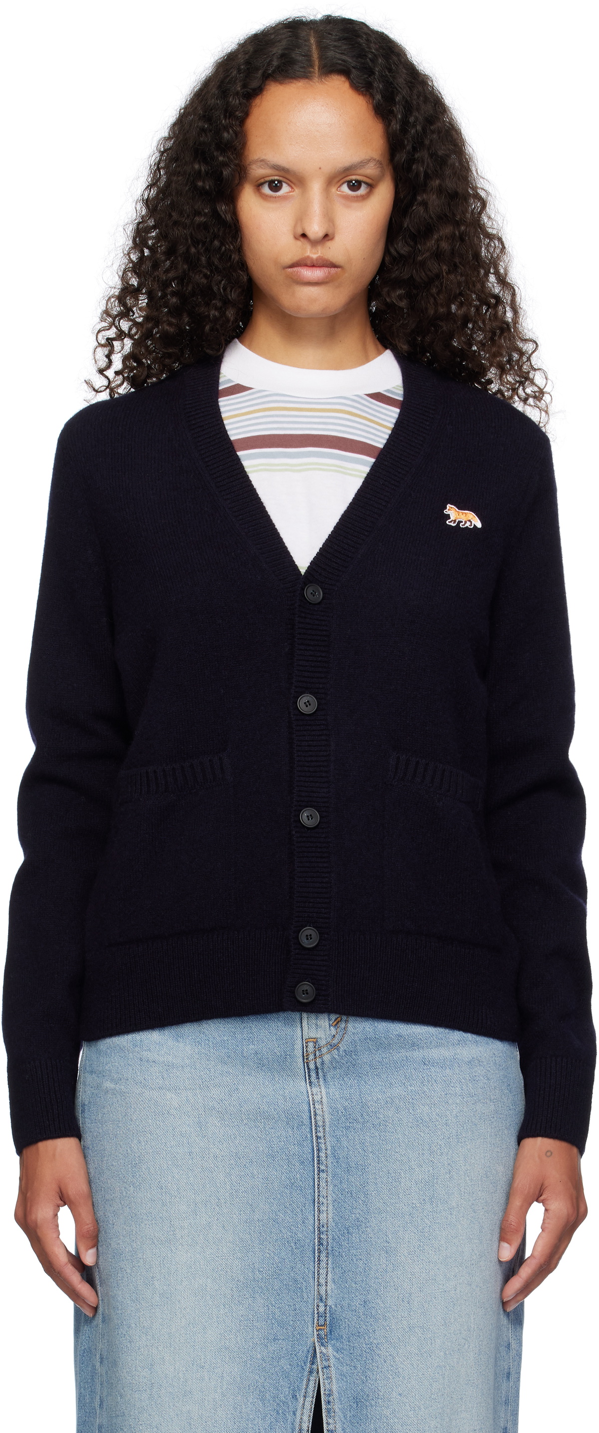 Maison Kitsuné Navy Baby Fox Patch Boxy Cardigan Maison Kitsune