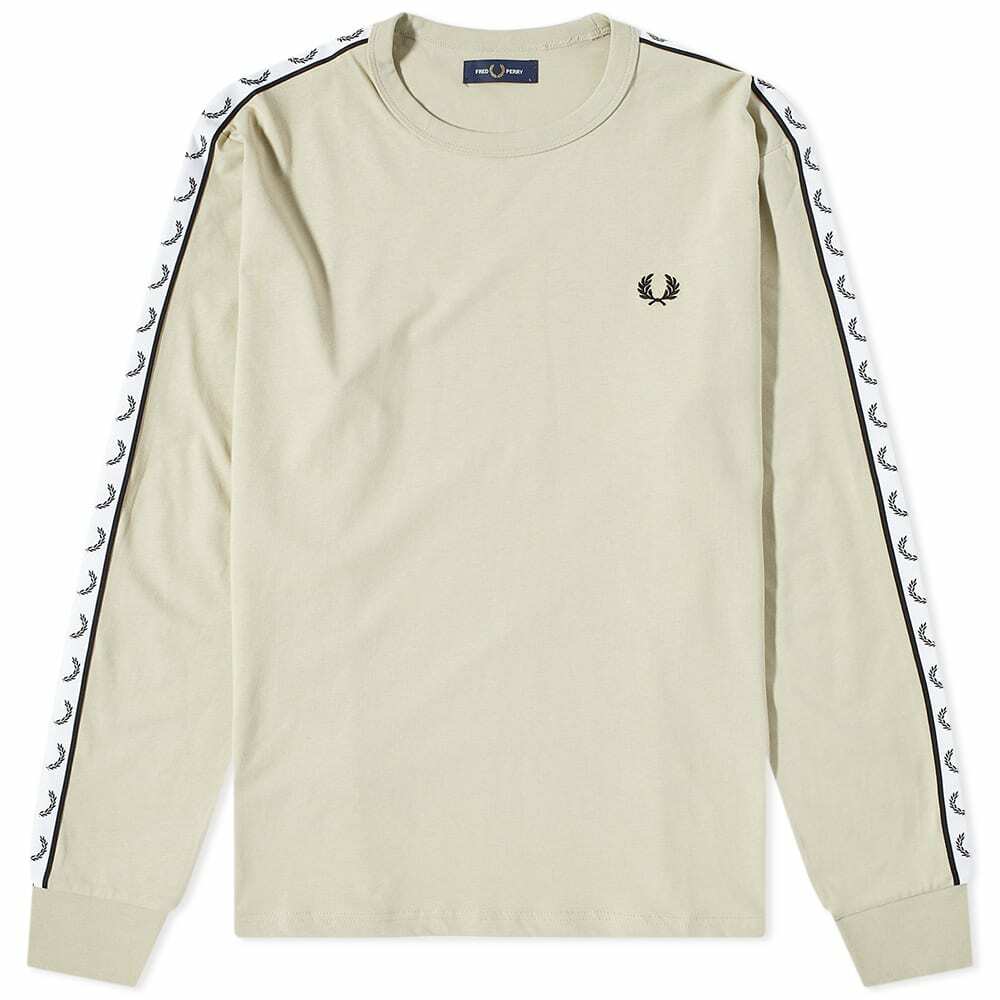 Fred Perry Authentic Men S Long Sleeve Taped Logo T Shirt In Light Oyster Fred Perry Authentic