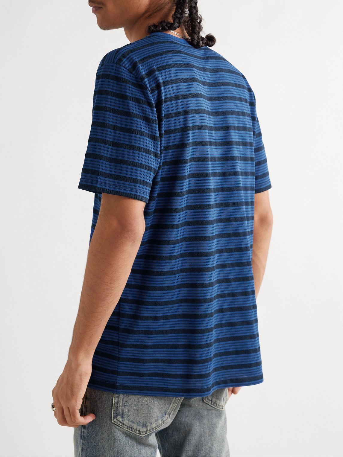 Saint Laurent★素敵！Blue Cotton Striped Crewneck T-shirt SAINT LAURENT - Logo-Embroidered Striped Cotton-Jersey T