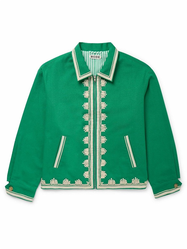 Photo: BODE - Ripple Embellished Grosgrain-Trimmed Cotton-Canvas Jacket - Green