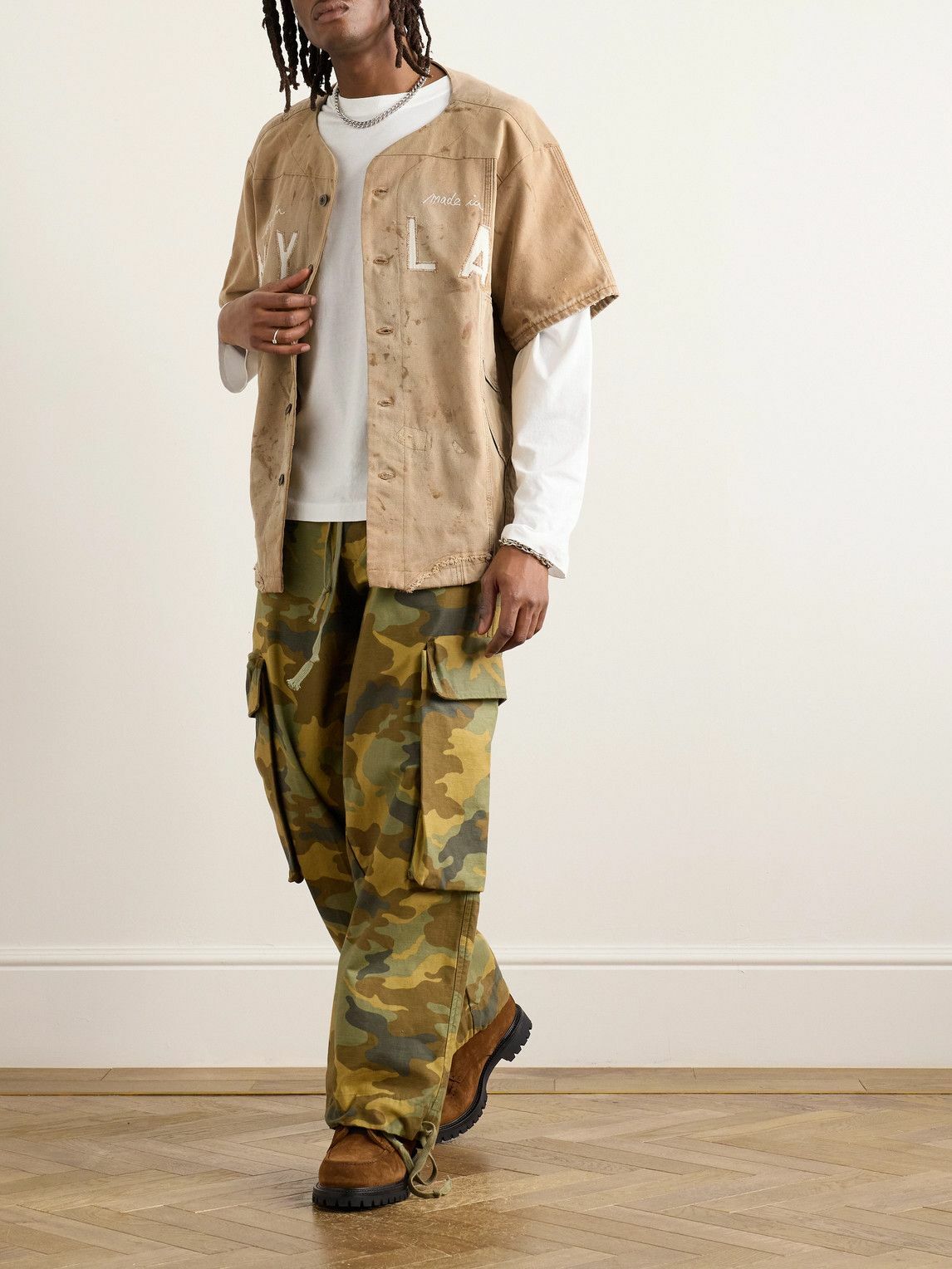 Greg Lauren - Frayed Appliquéd Embroidered Distressed Cotton-Canvas Shirt - Brown
