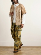 Greg Lauren - Frayed Appliquéd Embroidered Distressed Cotton-Canvas Shirt - Brown