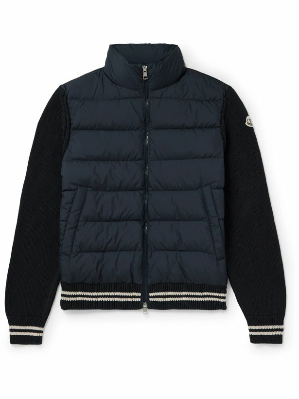 Photo: Moncler - Logo-Appliquéd Ribbed Cotton and Quilted Shell Down Cardigan - Blue