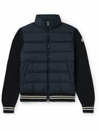 Moncler - Logo-Appliquéd Ribbed Cotton and Quilted Shell Down Cardigan - Blue