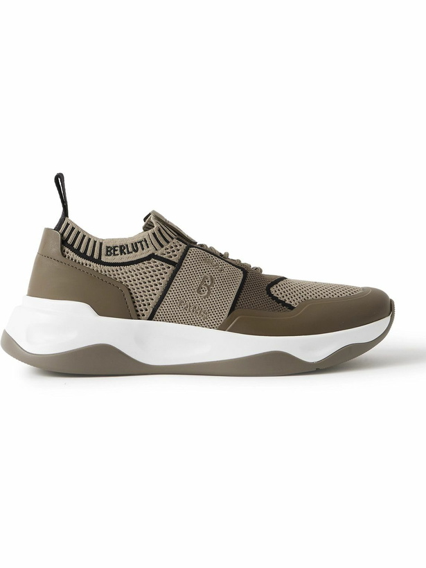 Photo: Berluti - Shadow Rubber and Leather-Trimmed and Coated Stretch-Knit Sneakers - Neutrals