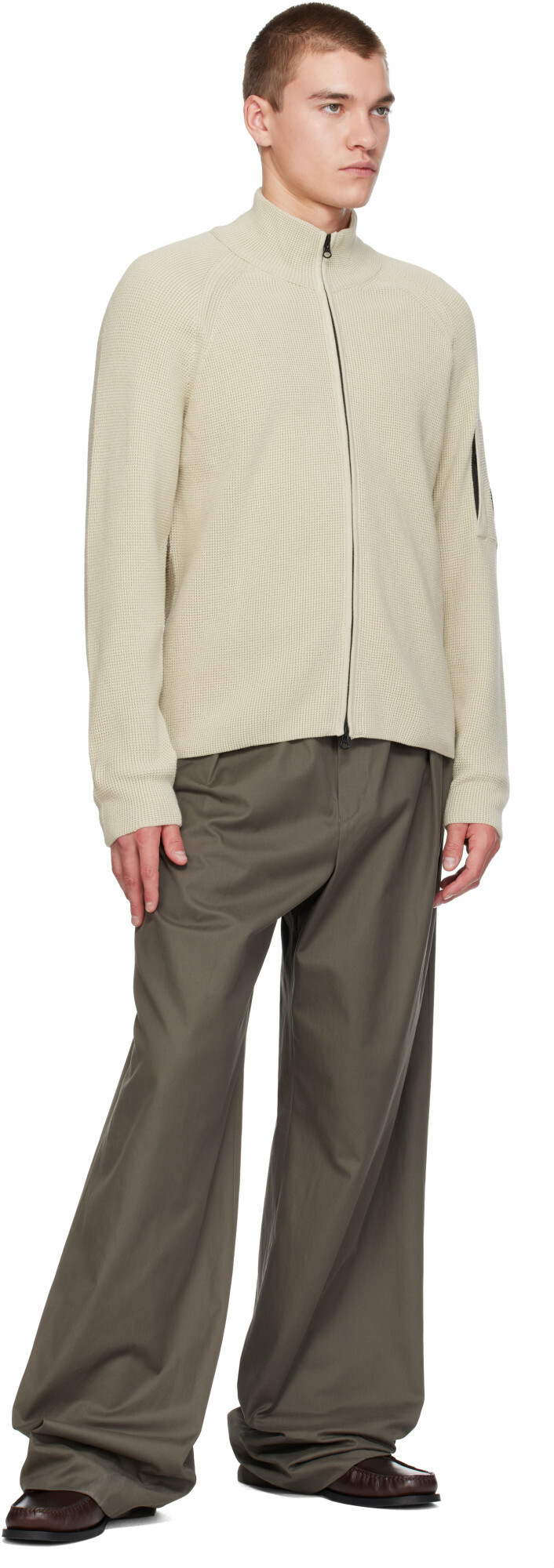 C.P. Company Beige Waffle Knit Cotton Zip Lens Jacket