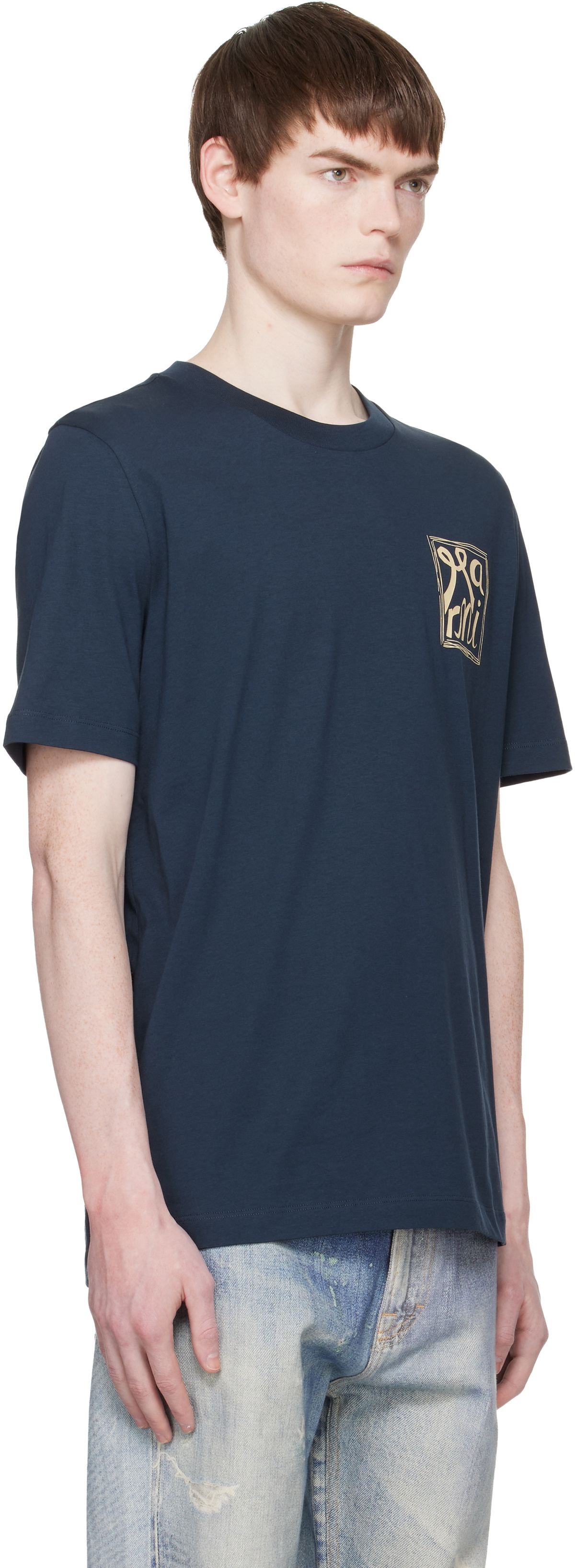 Marni Navy Cotton 'Marni Frame Logo Print' T-shirt