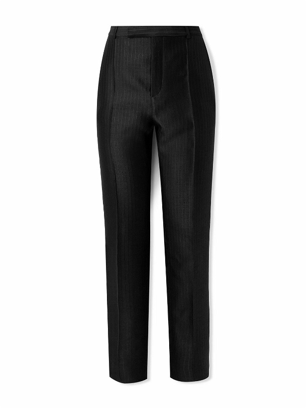 Photo: SAINT LAURENT - Straight-Leg Pleated Pinstriped Wool and Silk-Blend Suit Trousers - Black