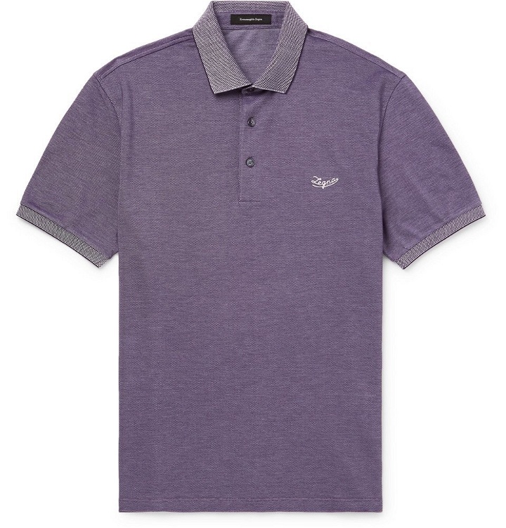 Photo: Ermenegildo Zegna - Contrast-Tipped Logo-Embroidered Cotton-Piqué Polo Shirt - Purple