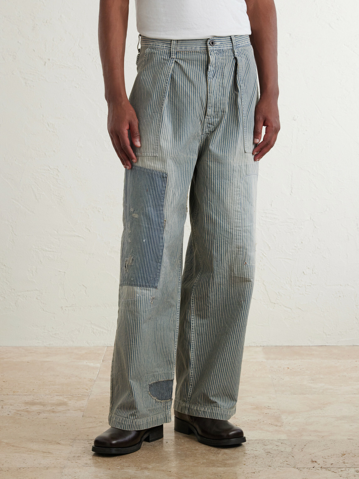 KAPITAL - Liberty Hicoree Fatigue Wide-Leg Striped Distressed Patchwork Cotton-Twill Trousers - Blue