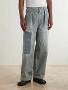 KAPITAL - Liberty Hicoree Fatigue Wide-Leg Striped Distressed Patchwork Cotton-Twill Trousers - Blue