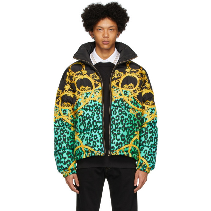 Photo: Versace Jeans Couture Reversible Black and Green Chain Print Puffer Jacket