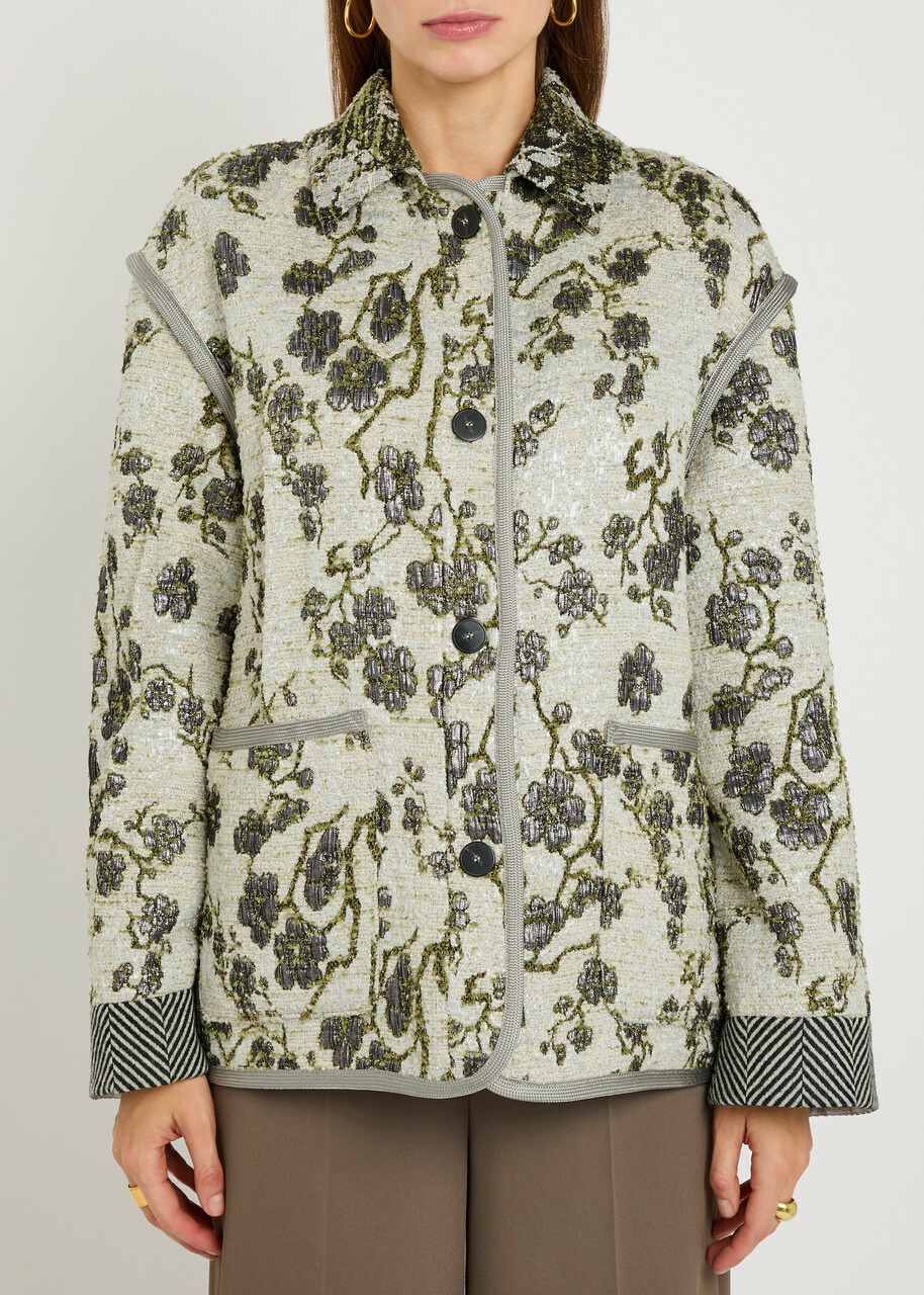 Forte_forte Floral-jacquard Bouclé Jacket White And Green