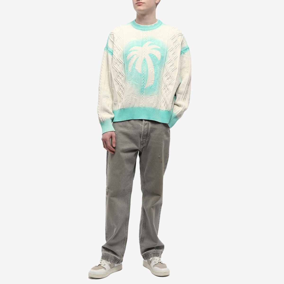 Palm Angels Men's Sprayed Palm Cable Knit Sweat in Off White Palm Angels Men's Sprayed Palm Cable Knit Sweat in Off White