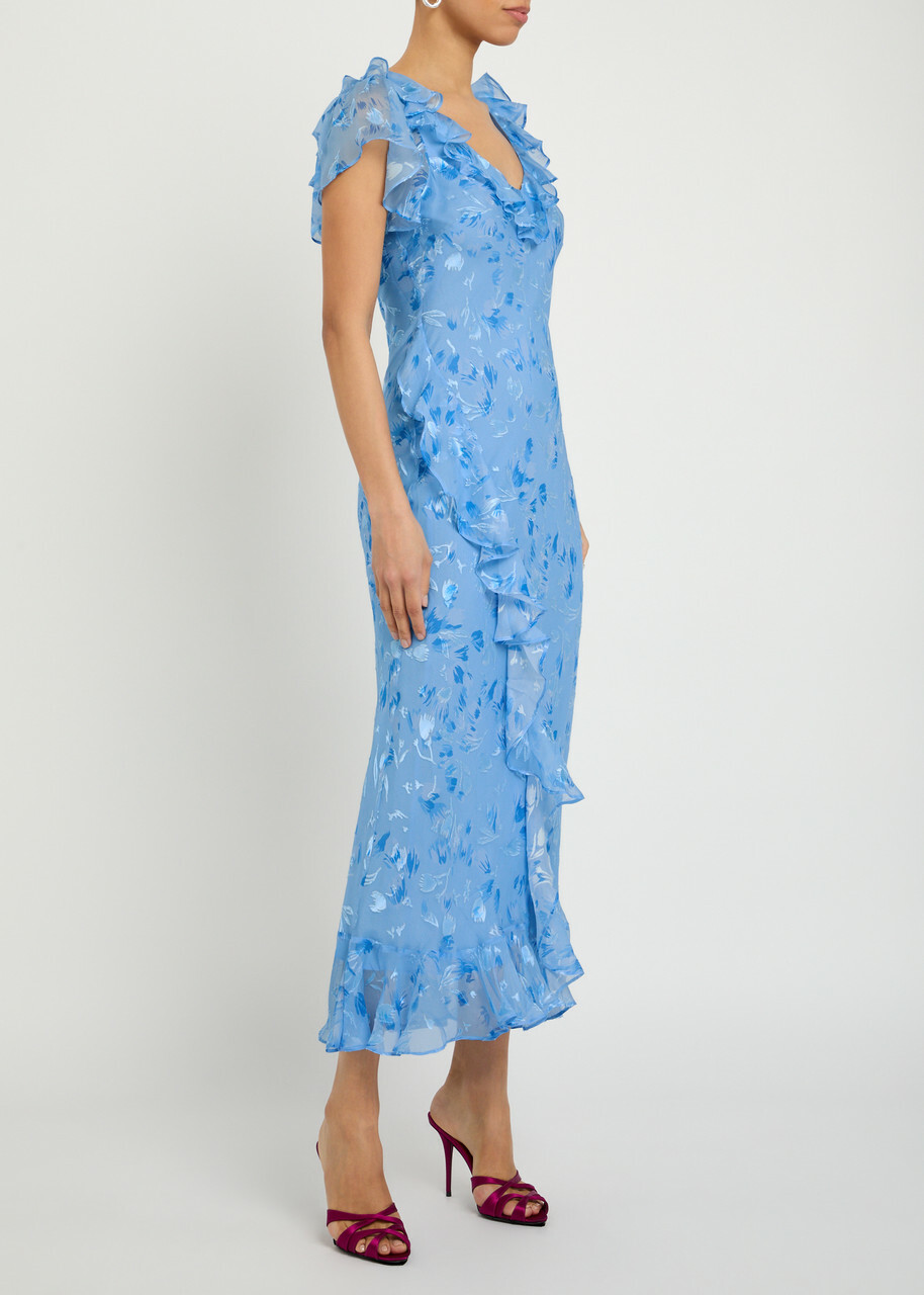 Rixo Meadow Devoré Silk-blend Maxi Dress Blue