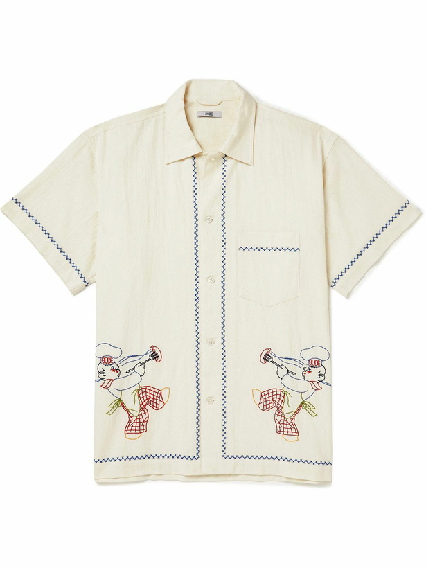 Photo: BODE - Camp-Collar Embroidered Herringbone Linen and Cotton-Blend Shirt - White