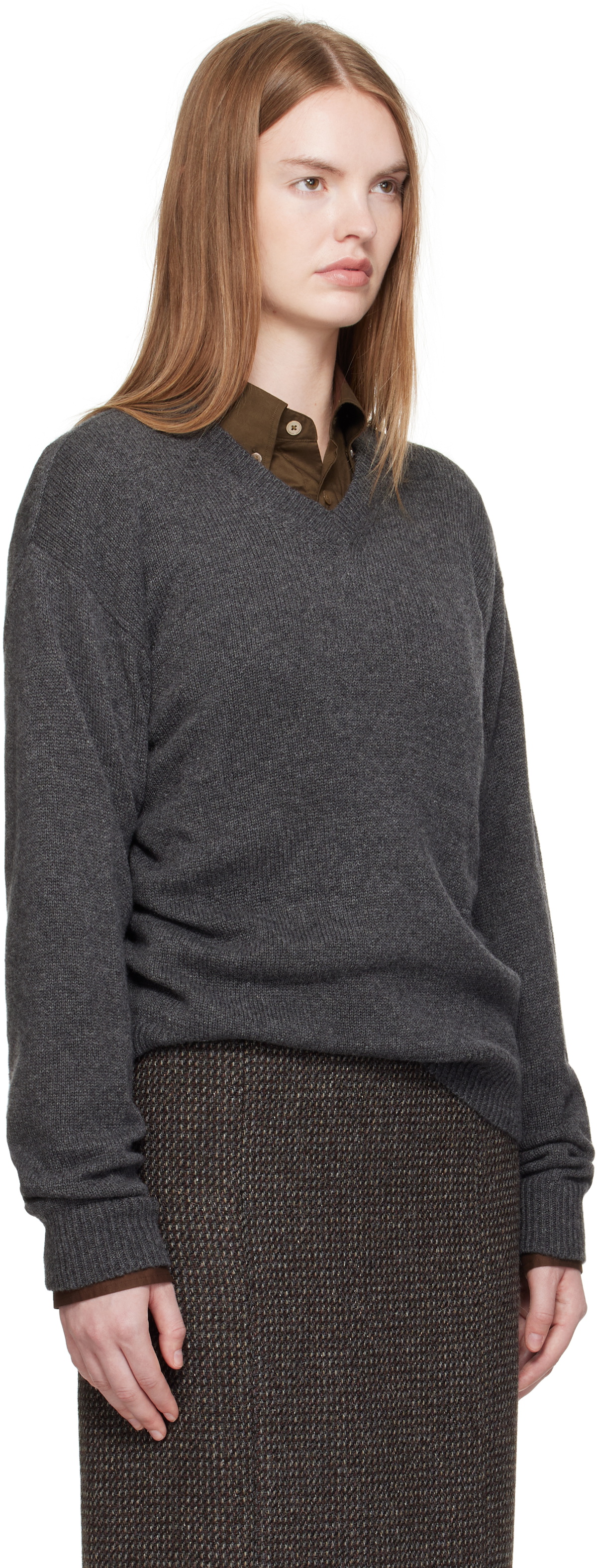 AURALEE Gray Light Cashmere Knit V-Neck Sweater
